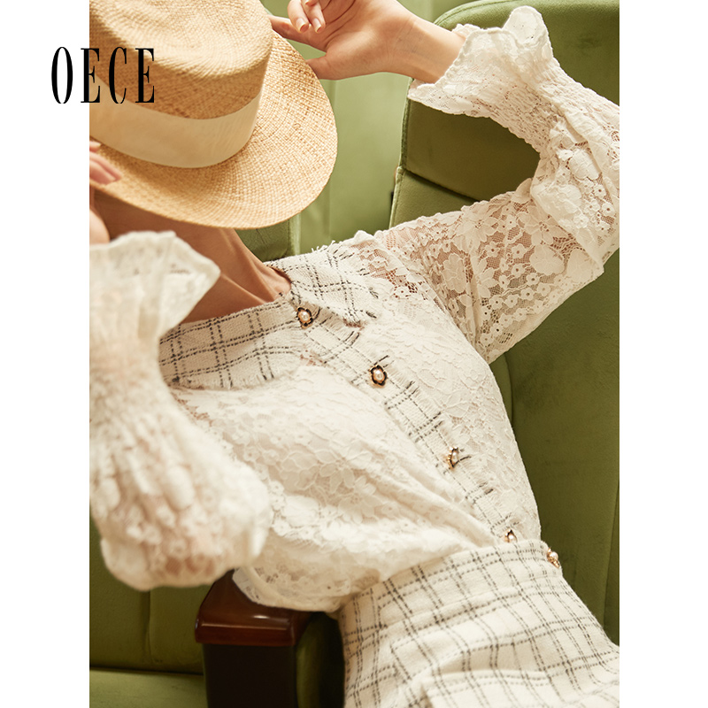 小香风oece春装格纹长袖上衣