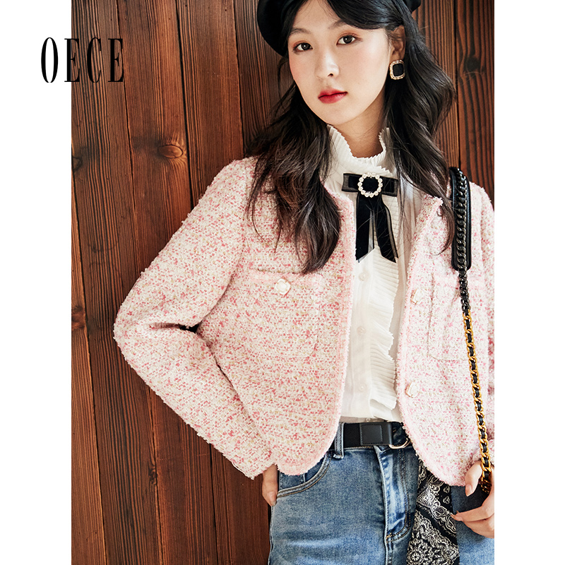 oece法式优雅显白圆领粗花外套