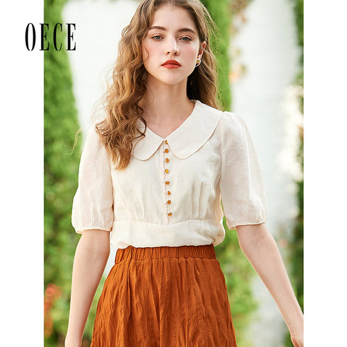 Oece夏装新款女装 可爱甜心复古减龄个性翻领泡泡袖短袖上衣