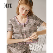 oece夏装 上衣 复古气紫小香风花边圆领格纹短袖 新款 女装