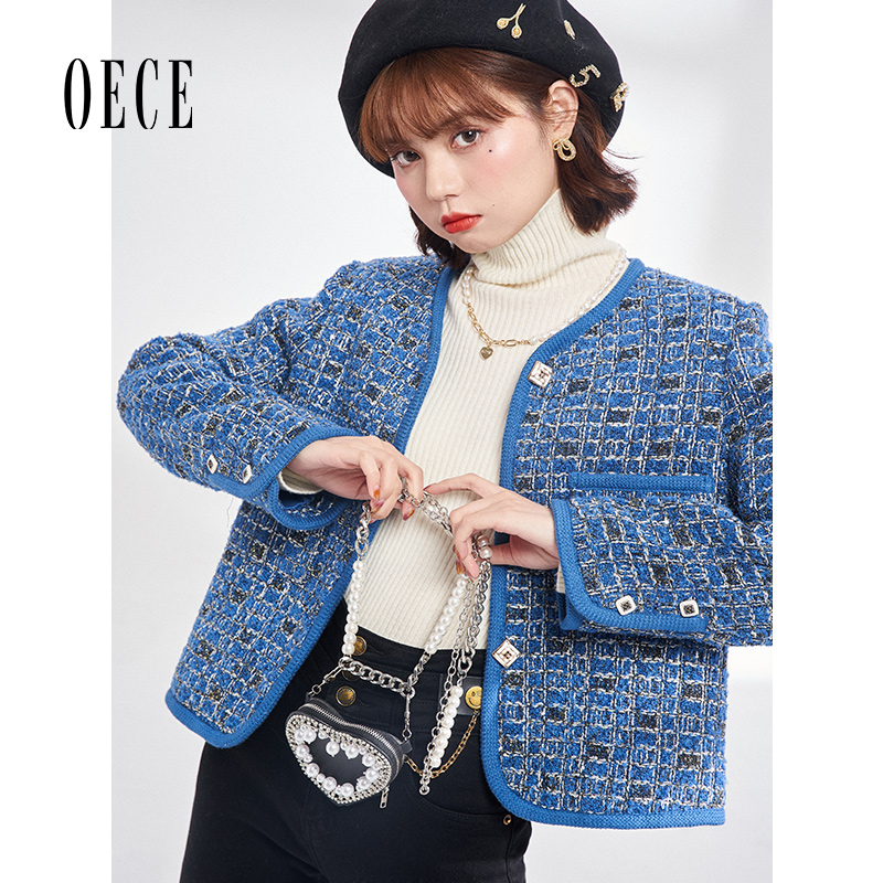 Oece复古小香风外套冬新款女气质花呢外套小个子