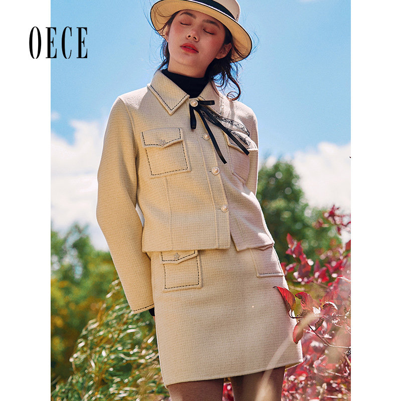 Oece冬装新款女装 法式优雅复古高腰双面呢半身裙秋冬A字短裙