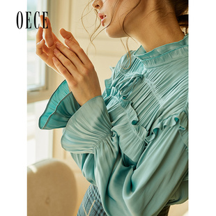 上衣衬衫 Oece春秋装 甜甜嗲嗲复古抽褶花边立领喇叭袖 女装 新款