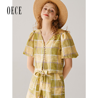 oece夏装新款女装冰橘青柠格纹复古文艺V领灯笼袖短袖上衣