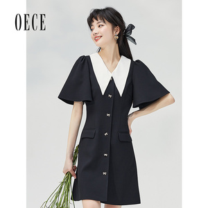Oece气质小黑裙春夏季新款女装法式连衣裙收腰设计感短袖裙子春