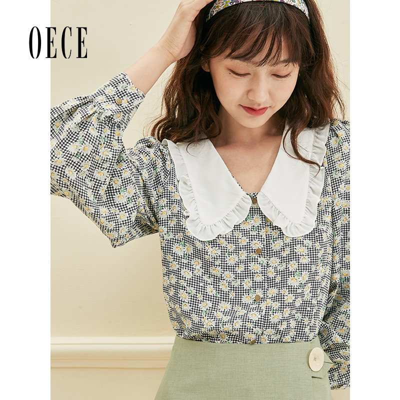 Oece春秋装新款女装 碎花衬衫法式甜美复古花边娃娃领长袖上衣