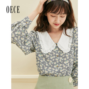 新款 甜美复古花边娃娃领长袖 女装 法式 上衣 碎花衬衫 Oece春秋装