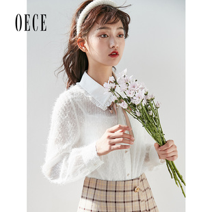 衬衫 花边翻领流苏长袖 上衣 女温柔云朵白法式 Oece春秋装