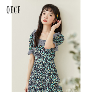 气质甜美复古连衣裙春中长款 Oece法式 女装 碎花裙夏季 裙子 新款