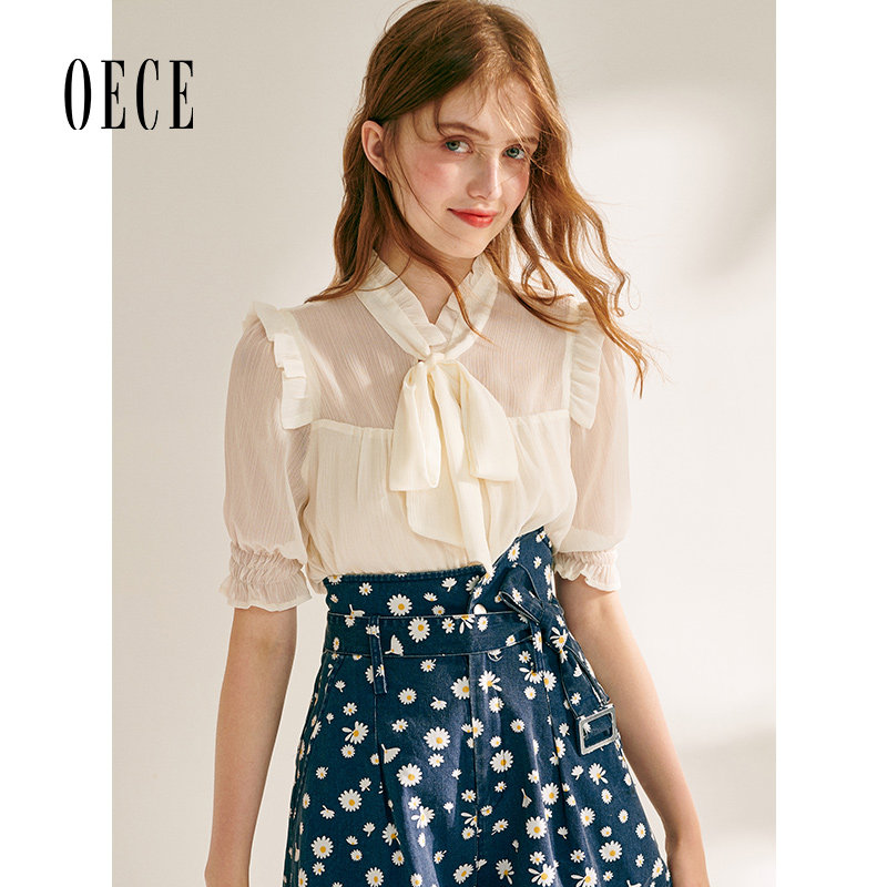 OECE夏装新款女装 精灵法式甜美减龄花边系带短袖雪纺上衣