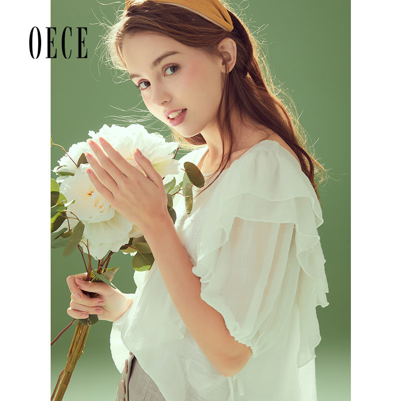 Oece夏装新款女装 荷叶边蕾丝花边方领雪纺纱短袖上衣