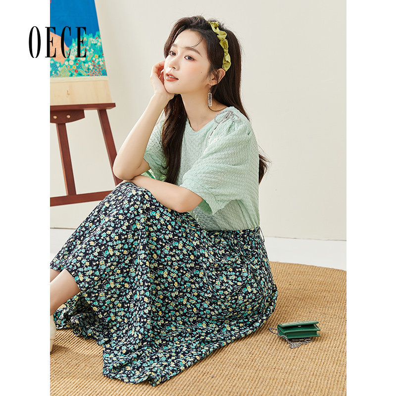Oece复古碎花半身裙夏季新款女装法式温柔高腰中长款裙子