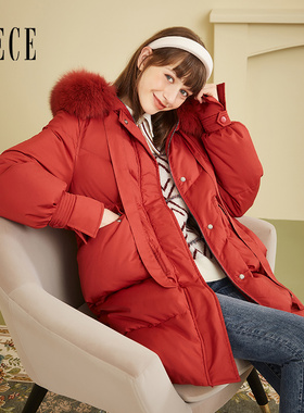 Oece中长款羽绒服冬装新款大毛领加厚羽绒外套女