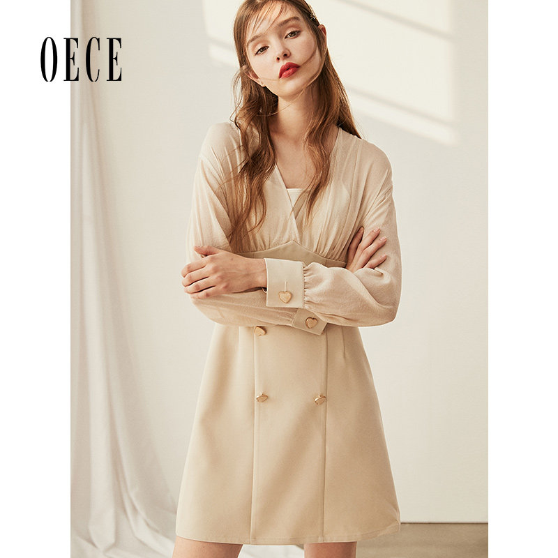 Oece春装新款法式小香风优雅复古甜美高腰长袖连衣裙