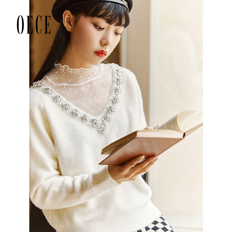 Oece气质毛针织衫秋冬季新款女装甜美软糯打底衫V领毛衣上衣
