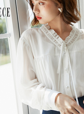 Oece气质白色衬衫秋季新款女装甜美系带设计感小众上衣夏衬衣