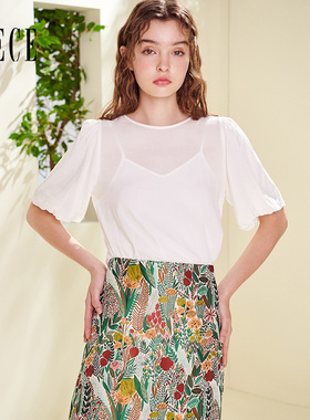 Oece夏装新款女装 复古港味纯色白色冷淡风泡泡袖上衣衬衫