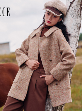 Oece秋冬新款女 复古中长款毛呢外套气质呢子大衣