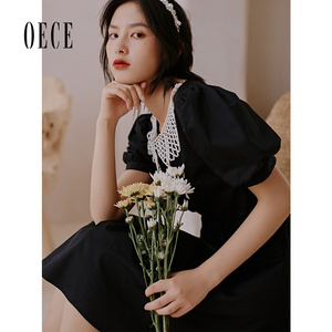 Oece夏装新款女装 法式赫本复古小香串珠娃娃领泡泡袖连衣裙