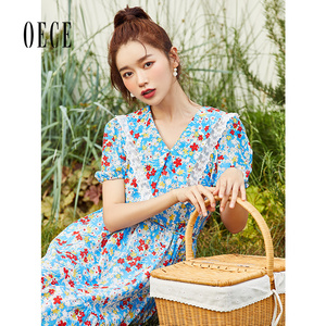 Oece复古碎花裙夏季新款女装法式小众裙子蕾丝甜美气质连衣裙
