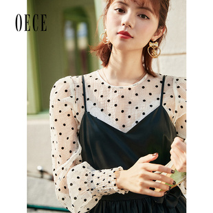 衬衫 温柔复古波点优雅气质圆领长袖 女装 oece春秋新款