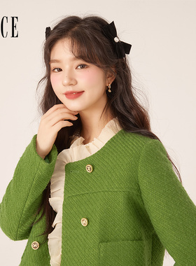 Oece高级感毛呢外套冬季新款女装绿色套装两件套
