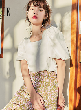 Oece气质方领上衣夏装新款女装白色设计感衬衫春夏季法式衬衫