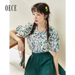 少女感文艺甜美泡泡短袖 Oece复古碎花衬衫 女装 新款 上衣 夏装