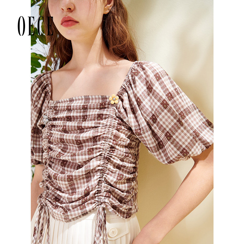 文艺甜心复古风格纹系带短袖上衣