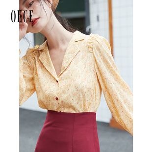 设计感修身 Oece复古印花长袖 女装 春秋新款 衬衣女上衣 衬衫