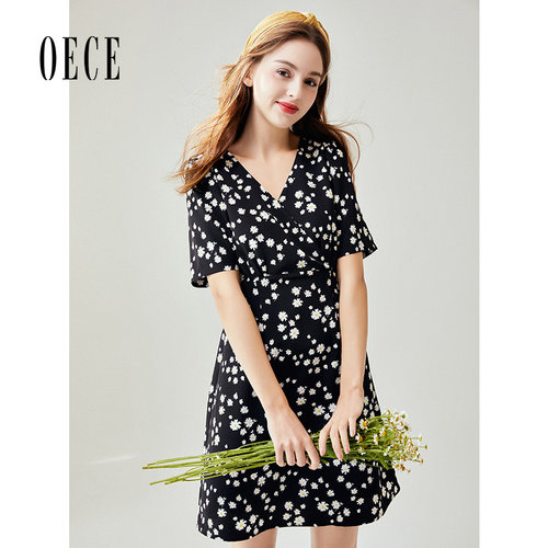 Oece春夏新款女装 复古小雏菊连衣裙春气质女神范碎花裙子