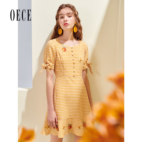 Oece夏装新款女装 智熏法式桔梗裙子春夏少女刺绣格子连衣裙