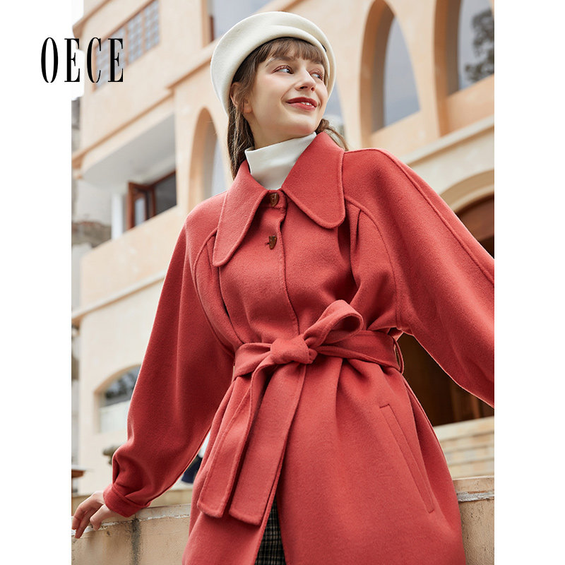 Oece冬装新款女装 法式复古收腰毛呢外套气质双面羊毛呢大衣