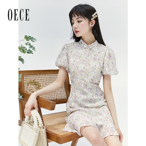 Oece复古小碎花裙子新款夏季女改良旗袍连衣裙气质女裙