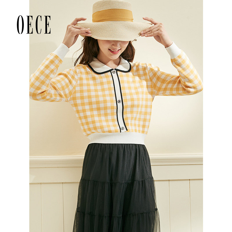 Oece秋装新款女装 复古格纹文艺减龄撞色长袖针织衫套头上衣