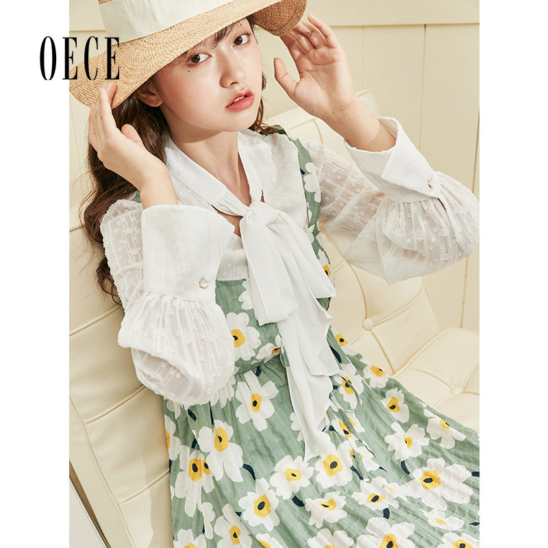 Oece春秋装女装 青草小花清新法式复古印花度假吊带连衣裙