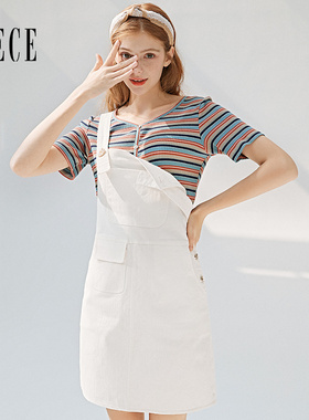 Oece夏装新款女装 清新可爱气甜美减龄百搭修身白色背带裙
