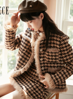 Oece复古千鸟格毛呢外套冬新款女气质小个子毛毛大衣