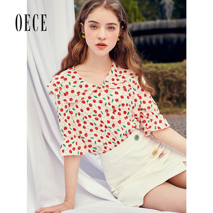 Oece夏装新款女装 樱桃少女心复古减龄娃娃领喇叭袖雪纺上衣