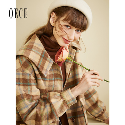 Oece复古格子毛呢外套秋冬季小个子气质羊毛呢子大衣女短款