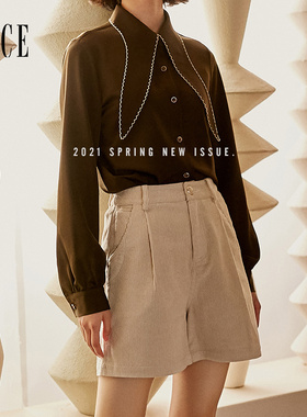 Oece高腰春秋短裤外穿新款女士裤子阔腿裤显瘦休闲裤