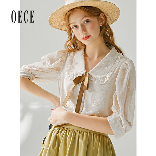 Oece夏装新款女装 少女甜蜜复古系带花边短袖衬衫设计感上衣