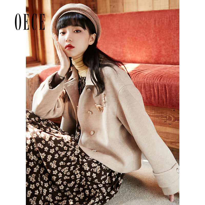 Oece复古短款毛呢外套冬新款女气质小个子呢大衣