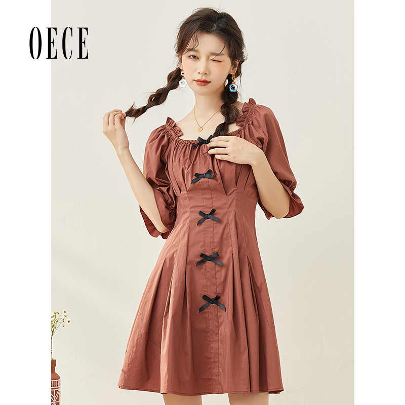 Oece轻熟风连衣裙年夏季新款女装蝴蝶结气质春短袖收腰裙子