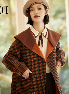 Oece复古高级感格纹呢大衣冬新款女羊毛双面呢子外套
