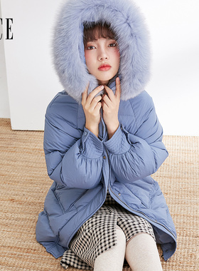 Oece冬新款女大毛领连帽羽绒服中长大口袋羽绒衣外套