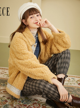 Oece复古羊羔毛外套秋冬季子毛毛外套女短款气质大衣