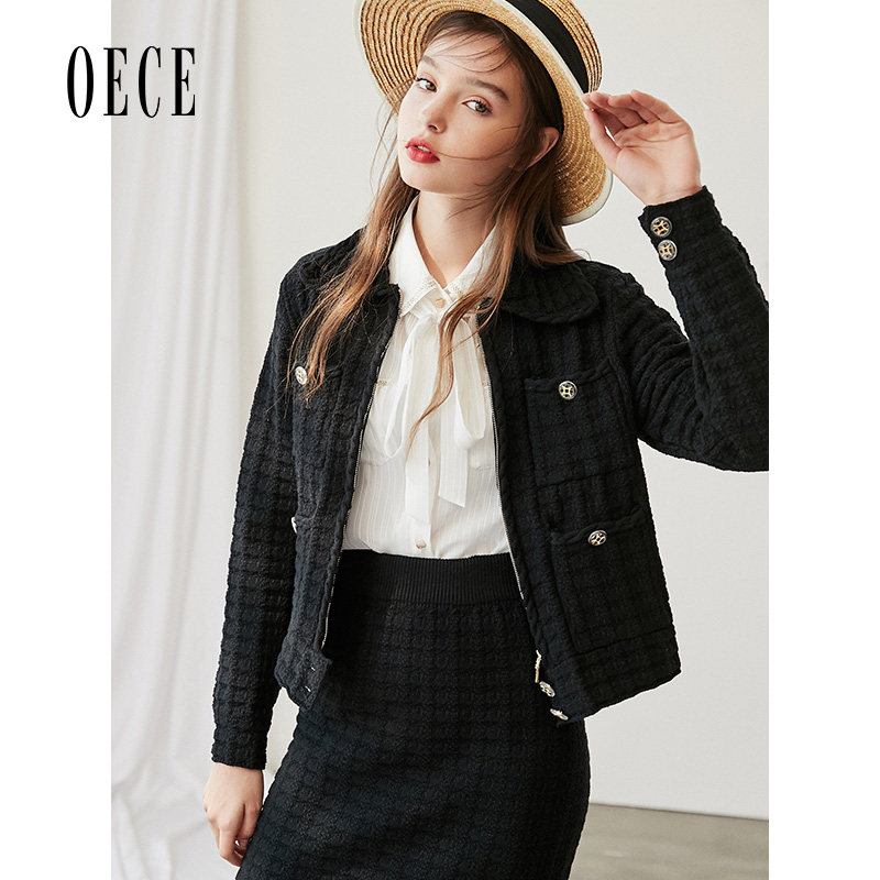 Oece春秋装新款女装 轻奢法式小香风复古甜美翻领外套短裙套装