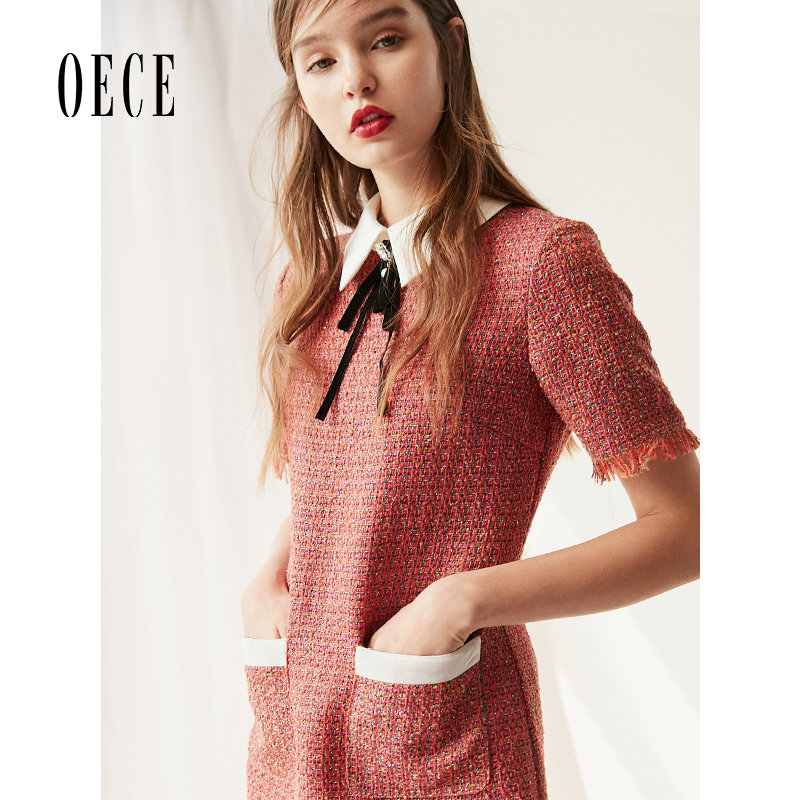 Oece春装新款女装 复古法式小香风撞色甜美织花短袖连衣裙