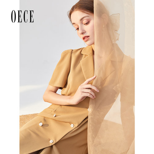Oece春夏装新款女洋气显瘦复古西装翻领泡泡袖连衣裙